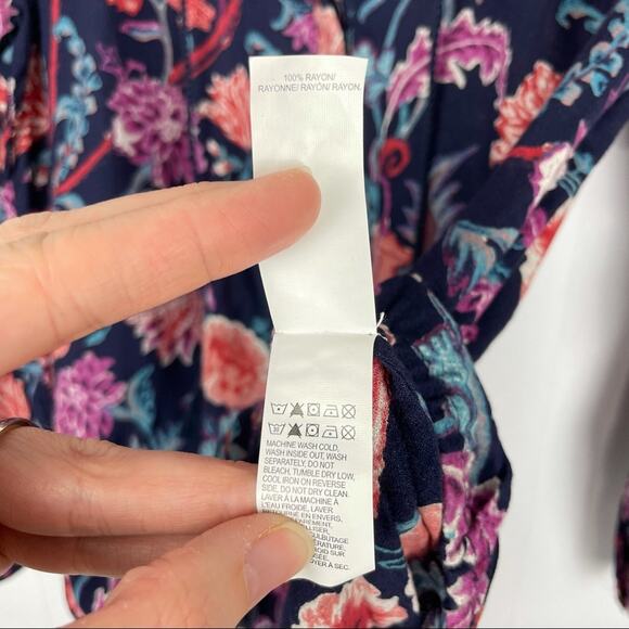 Lucky Brand | Navy Colorful Floral Print Boho Popover Tassels Long Sleeve Top - Picture 12 of 12